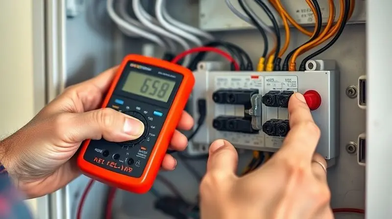 Eletricista profissional utilizando um multímetro para verificar a voltagem de um quadro de disjuntores antes da instalação de um ar-condicionado.
