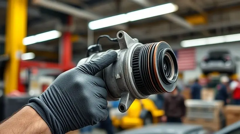 Mecânico inspecionando um compressor de ar-condicionado com sinais de desgaste, indicando problemas comuns e o fim de sua vida útil.