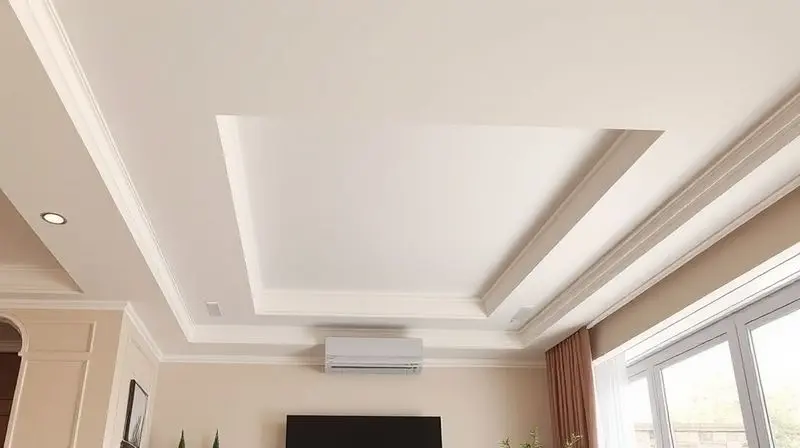 Viga falsa de gesso no teto de uma sala de estar projetada para embutir e esconder completamente a tubulação do ar-condicionado.