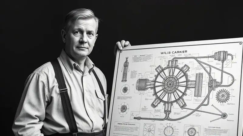 Retrato em preto e branco de Willis Carrier, o inventor do ar-condicionado moderno, ao lado de um projeto de sua invenção.